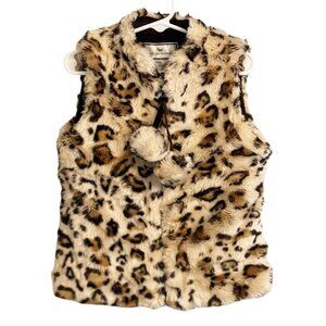 American-Widgeon Leopard Animal Print Faux Fur PomPom Zipper Vest Girls Size 5